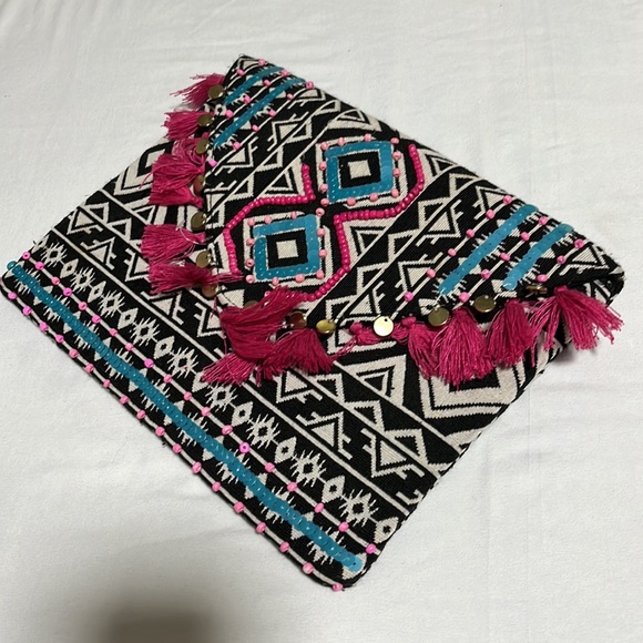 Aztec Boho Embellished Beaded Sequin Tassel Cotton Envelope Clutch Purse Bag - Picture 9 of 11